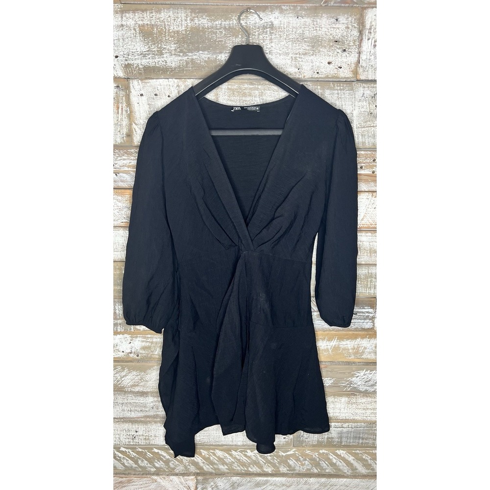 Zara Dress Long Sleeve Midi Tie-Front Black Womens Size Medium